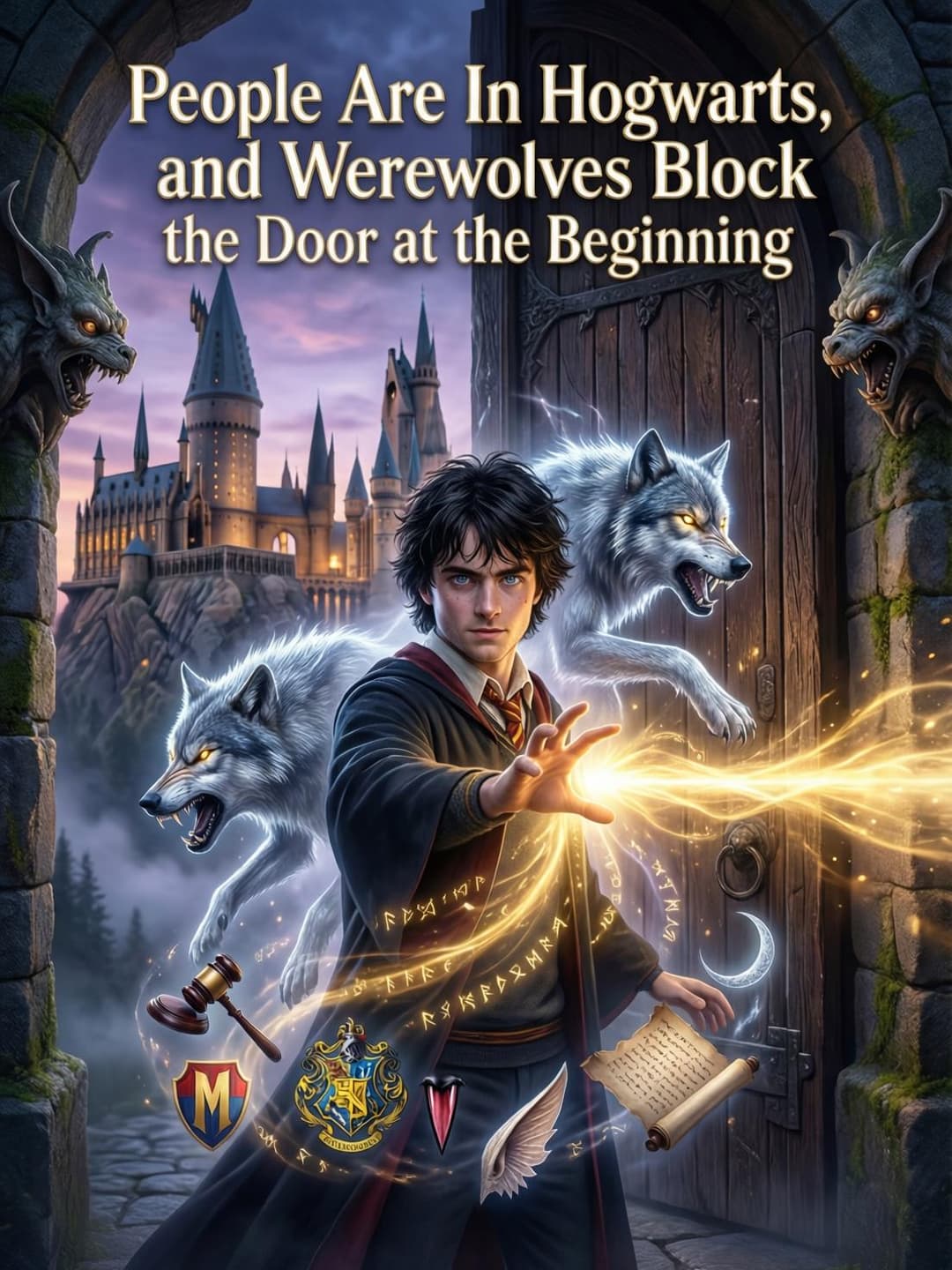 People are in Hogwarts, and werewolves block the door at the beginning cover